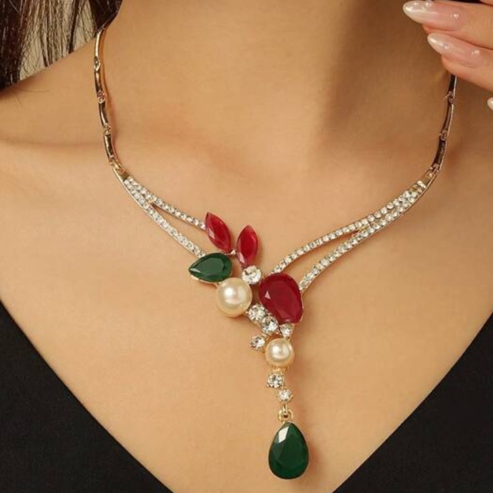 Gold, Green & Red with Pearls Vintage Design Statement Necklace